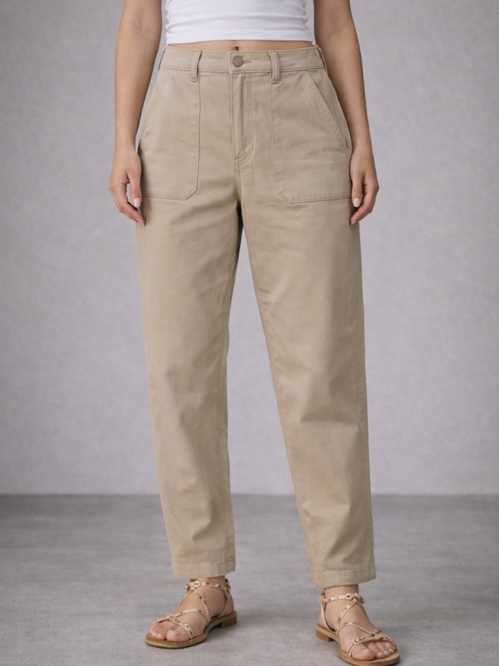 High-Rise Straight-Leg Utility Pants in Beige